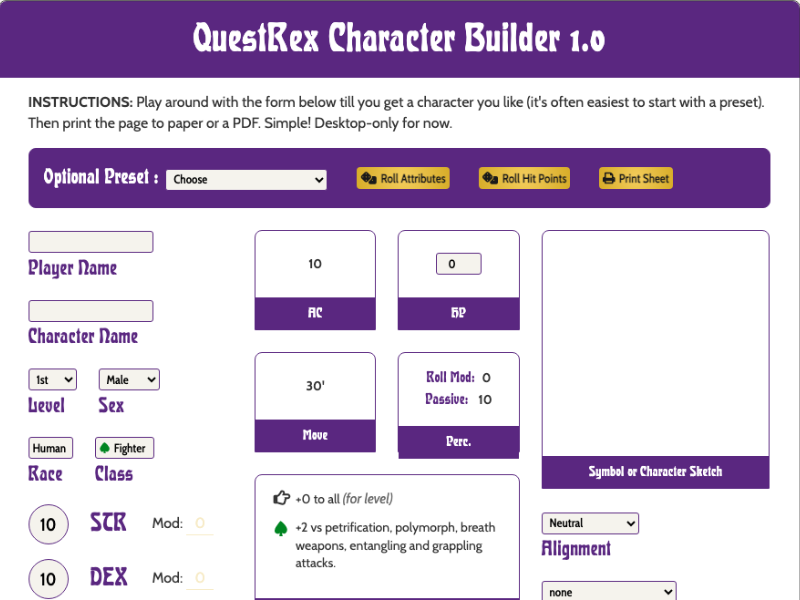 QuestRex Character Generator